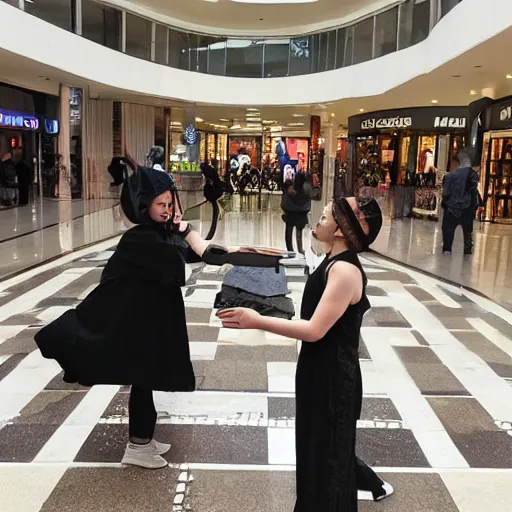 Image similar to security camera footage of two witches performing a summoning ritual in the middle of a mall