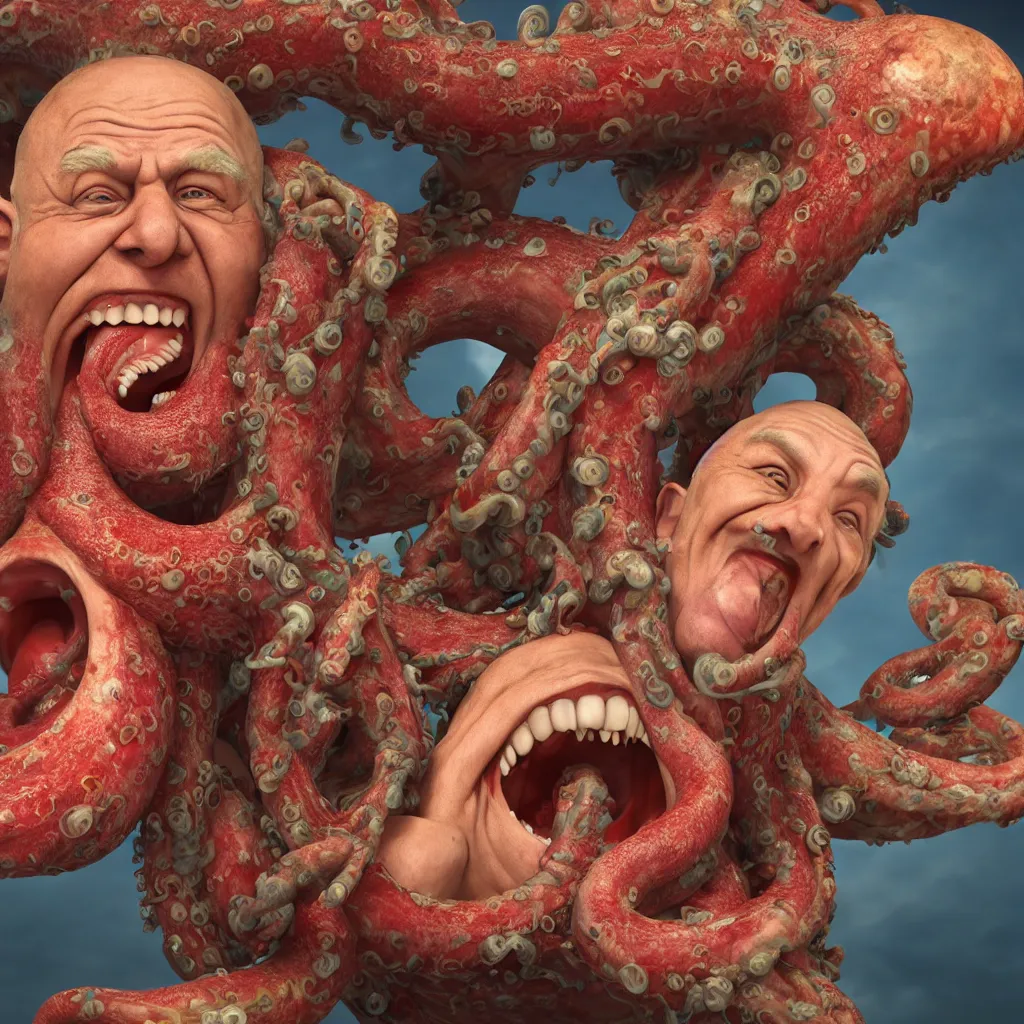 Image similar to a widescreen colorchrome portrait photo of a old happy screaming man holding a giant giant octopus with 6 eyes, style steve mccurry octane render 8 k