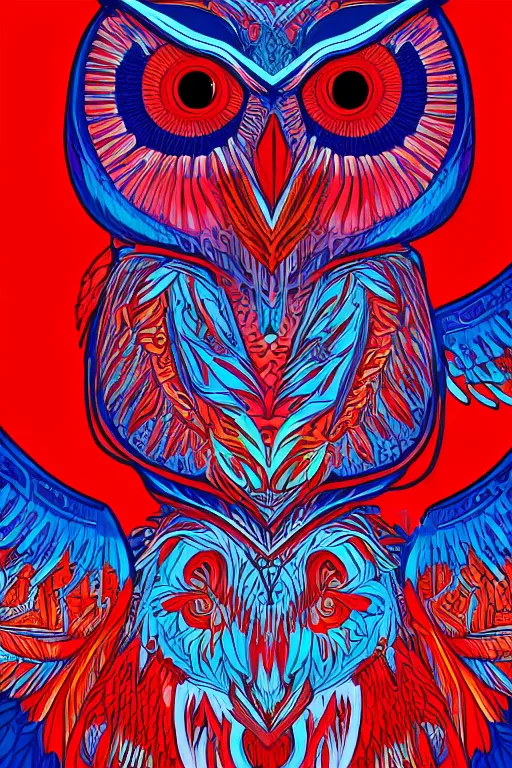 Image similar to glowing owl, white, red and blue colours, highly detailed, digital art, sharp focus, trending on art station