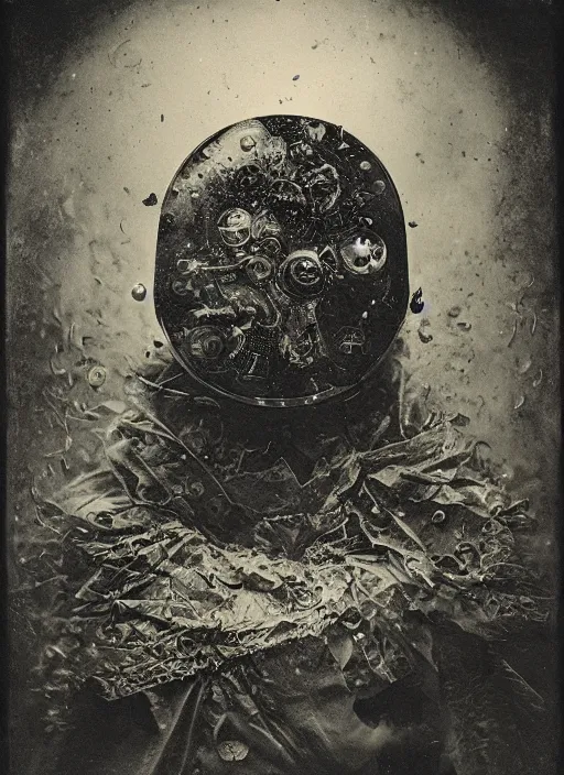 Image similar to old wetplate daguerreotype portrait of the birth of a masked dangerous super villain, explosion of data fragments, fractal, intricate, elegant, highly detailed, parallax, leica, medium format, subsurface scattering, by jheronimus bosch and greg rutkowski and louis jacques mande daguerre