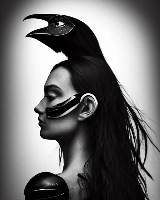 Image similar to a profile portrait, a stunning young woman - cyborg with a mutant crow head, editorial photography, bw, shot on 7 0 mm, depth of field, f / 2. 8, high contrast, 1 6 k, volumetric lighting, shiny, insanely detailed and intricate, hypermaximalist, elegant, ornate, hyper realistic, super detailed