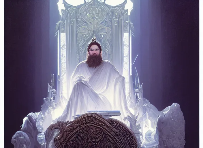 Prompt: wide view picture of a lord of materialization sitting on the throne, centred focus, lighting eyes, magic and fantasy, floating white cubes, highly detailed face, specular reflection, occlusion shadow, intricate, masterpiece, by ilya kuvshinov and jeremy lipking and quentin mabille