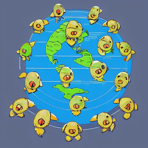 Prompt: a stack of turtles beneath a flat earth, round map