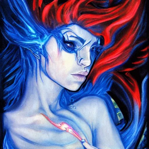 Prompt: portrait of young girl half dragon half human, dragon girl, dragon skin, dragon eyes, dragon crown, blue hair, long hair, made of blue flowing fire, By David Lynch
