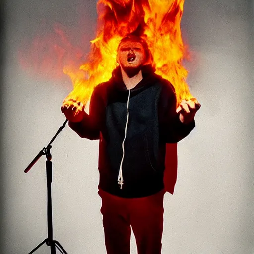 Image similar to beautiful portrait of rapper kool savas burning up a mic, by annie liebowitz, photorealistic, hyperrealism