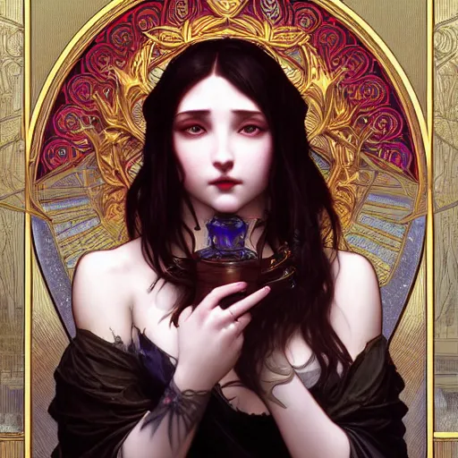 Prompt: goth girl opening her mouth full of sharp bloodstained teeth, intricate, art by artgerm and greg rutkowski and alphonse mucha and william - adolphe bouguereau, high detailed, 4 k,