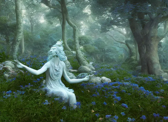 Image similar to an idealistic marble statue with fractal flowery hair, in a magical forest, painted by, mc escher, gordon onslow ford, georgia o'keeffe and ivan aivazovsky, cinematic light, god rays, colourful, unreal engine, zbrush central,