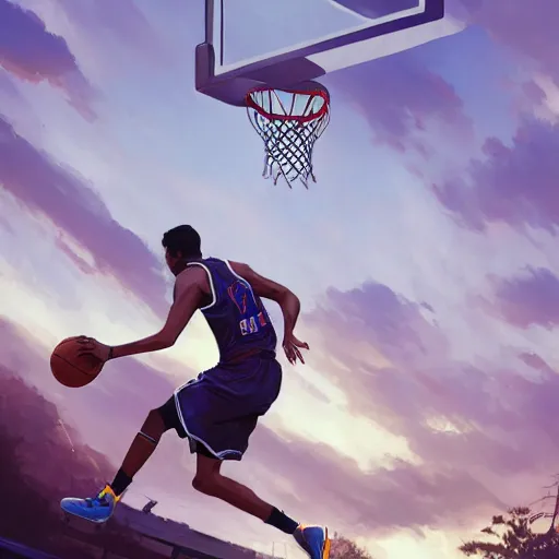 Image similar to highly detailed basketball player, in gta v, stephen bliss, unreal engine, fantasy art by greg rutkowski, loish, rhads, ferdinand knab, makoto shinkai and lois van baarle, ilya kuvshinov, rossdraws, tom bagshaw, global illumination, radiant light, detailed and intricate environment