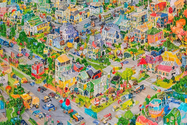 Image similar to an elaborate and dense painting of a peaceful neighborhood, detailed, made of alcohol ink on parchment and penned illustrations, by richard scarry and beeple