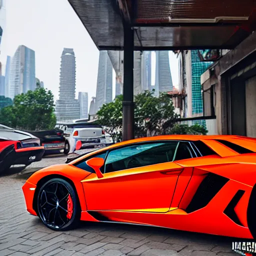 Prompt: a Lamborghini Aventador parked on a busy street in Chongqing China