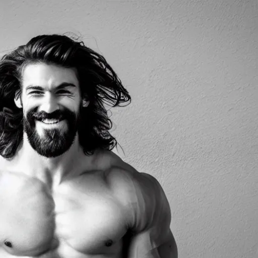 Image similar to lack and white photography of a very muscular man smiling with a chiseled jawline and trimmed beard