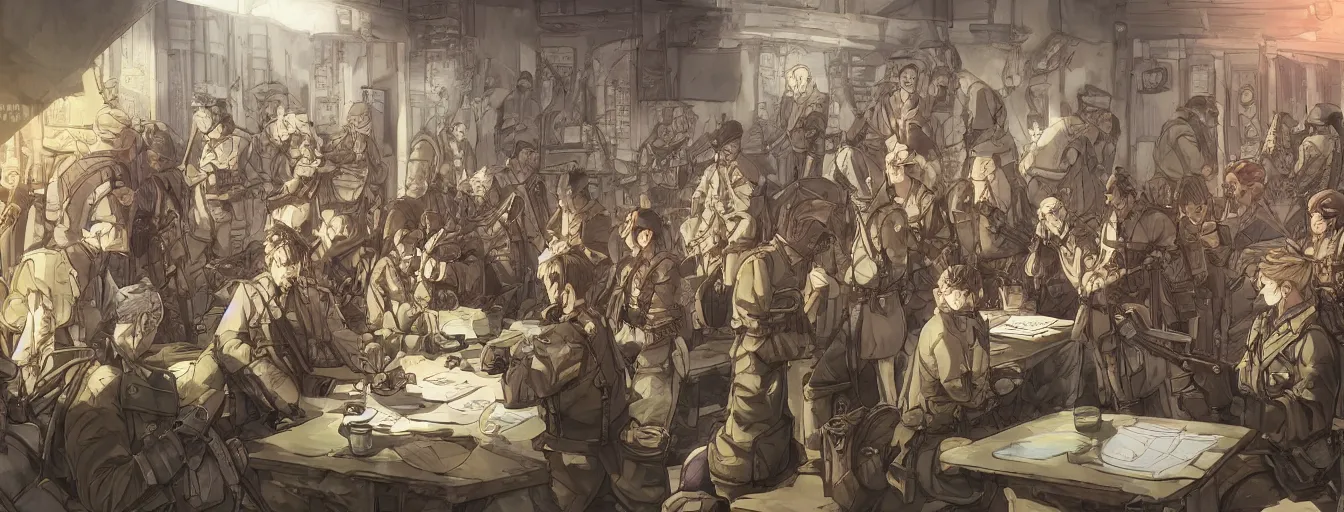 Prompt: calvary soldiers in a meeting with their general before their deaths. hyperrealistic anime background illustration by kim jung gi, colorful, extremely detailed faces, intricate linework, smooth, super sharp focus, bright colors, high contrast, matte, octopath traveler, studio ghibli, unreal engine 5 highly rendered, global illumination, radiant light