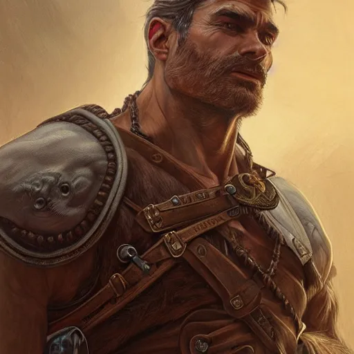 Image similar to portrait of a young, ruggedly handsome ranger, muscular, half body, leather, hairy, d & d, fantasy, intricate, elegant, highly detailed, digital painting, artstation, concept art, smooth, sharp focus, illustration, art by artgerm and greg rutkowski and alphonse mucha