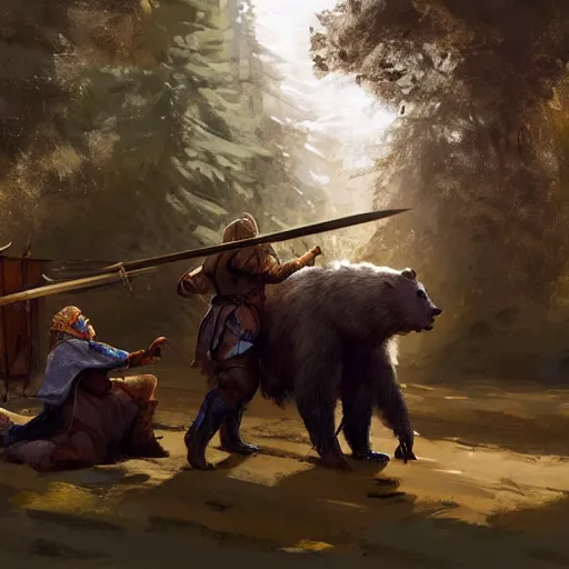 Prompt: medieval fight between a bear an a gipsy man with a sword. in the sherwood forest. trending on artstation, craig mullins, rutkowski. merchant wagon