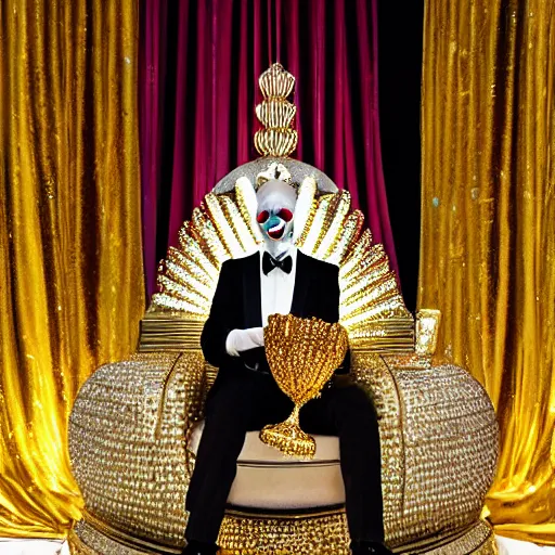 Prompt: shining throne made of millions of diamonds, gold and zaphires with thousands of light reflections, and a clown on a tuxedo suit is sitting on the throne while handing a golden balloon, dramatic light