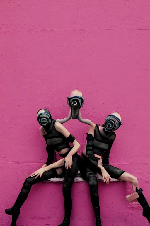 Image similar to a surreal portrait of intertwined and contorted figures wearing gas mask next to a pink wall in the style of brooke didonato, editorial fashion photography from vogue magazine, full shot, nikon d 8 1 0, ƒ / 2. 5, focal length : 8 5. 0 mm, exposure time : 1 / 8 0 0, iso : 2 0 0