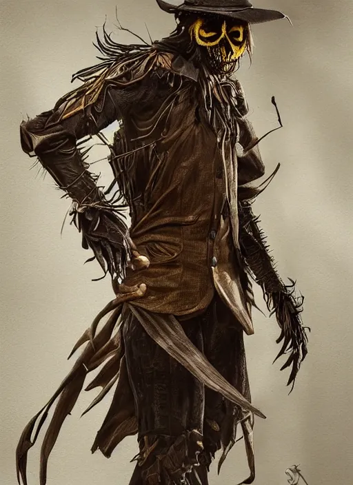 Image similar to powerful male scarecrow, willem dafoe as scarecrow, full body character concept, covered in full leather armor, art nouveau, super powers, fantasy, intricate, elegant, highly detailed, digital painting, artstation, concept art, shining, sharp focus, terrifying, horror, fear, scary, illustration, art by stanley lau