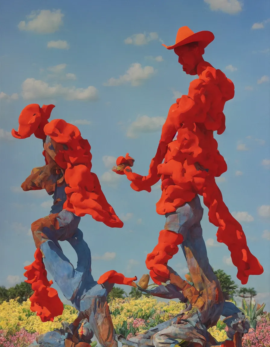 Image similar to a cowboy turning into blooms by slim aarons, by zhang kechun, by lynda benglis. tropical sea slugs, angular sharp tractor tires. complementary colors. warm soft volumetric light. national geographic. 8 k, rendered in octane, smooth gradients. greek sculpture of a manly cowboy by edward hopper and frank frazetta. red accents.