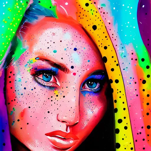 Image similar to beautiful face of girl in style spotty pointism, super bright colors, colored spots, mixed liquid acrylic, painting come to life, artstation, ultradetail