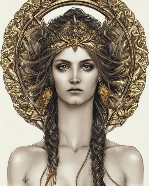 Image similar to front view of beautiful aphrodite greek goddess wearing a gold laurel wreath and triangle earrings, realism tattoo sketch, beautiful piercing eyes with sharp pupils, beautiful blonde hair, in the style of greg rutkowski, fantasy, amazing detail, epic, elegant, smooth, sharp focus