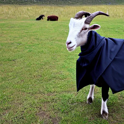 Prompt: a goat wearing a dark hooded cloak