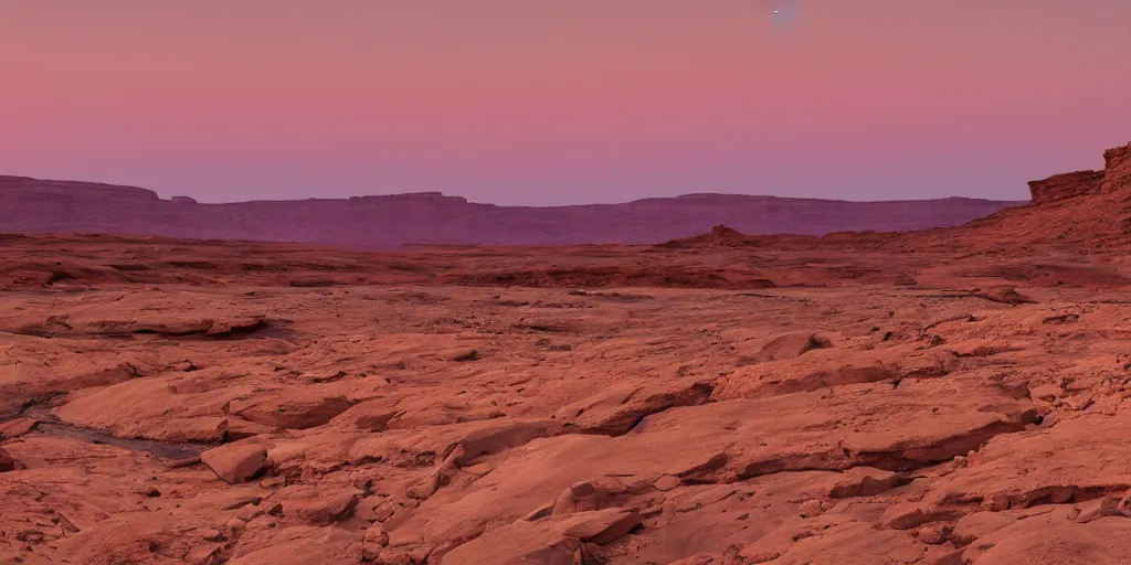 Image similar to a view looking out of a cave of a dried up river bend running through a canyon surrounded by desert mountains at sunset on mars, purple sky, two moons, planet mars, moab, utah, a tilt shift photo by frederic church, trending on unsplash, hudson river school, photo taken with provia, national geographic photo