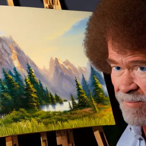 Prompt: a closeup photorealistic photograph of bob ross working on a canvas painting of natalie dormer. film still. brightly lit scene. mountains and trees. this 4 k hd image is trending on artstation, featured on behance, well - rendered, extra crisp, features intricate detail, epic composition and the style of unreal engine.