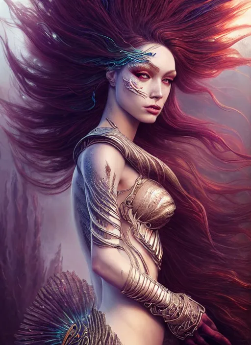 Image similar to portrait of mermaid warrior, intricate, sharp focus, octane render, detailed, beautiful, unreal engine, symmetrical!!, loreal, maybelline, sephora, loreal, artstation, art by karol bak, art by artgerm, rossdraws, makeup by pat mcgrath, cinematic, concept art, filmic, vsco