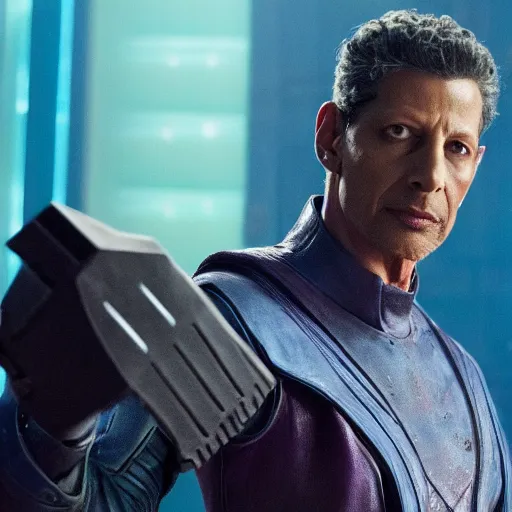 Prompt: film still of Jeff Goldblum as Ronan The Accuser with hammer in Guardians of the Galaxy, 4k