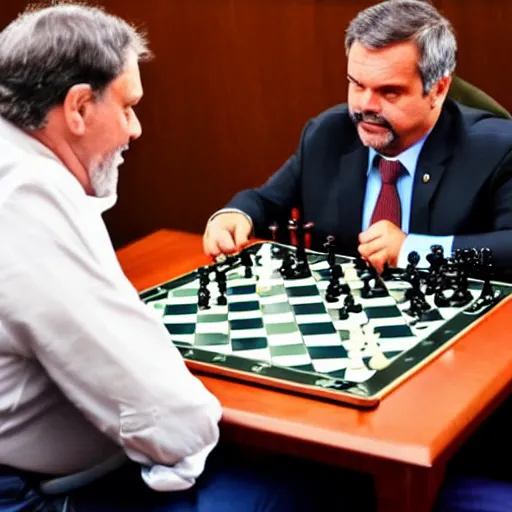 Image similar to photo of luis inacio lula da silva and jair messias bolsonaro playng chess, detailed 4 k