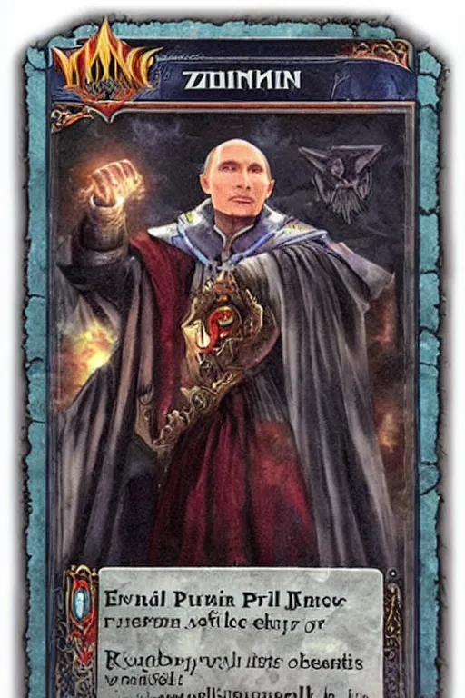 Prompt: Evil wizard Vladimur Putin as a Magic the Gathering card