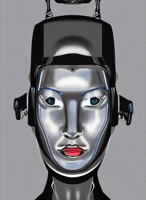 Image similar to portrait of robot queen with chrome skin and sodium dome car headlights for eyes