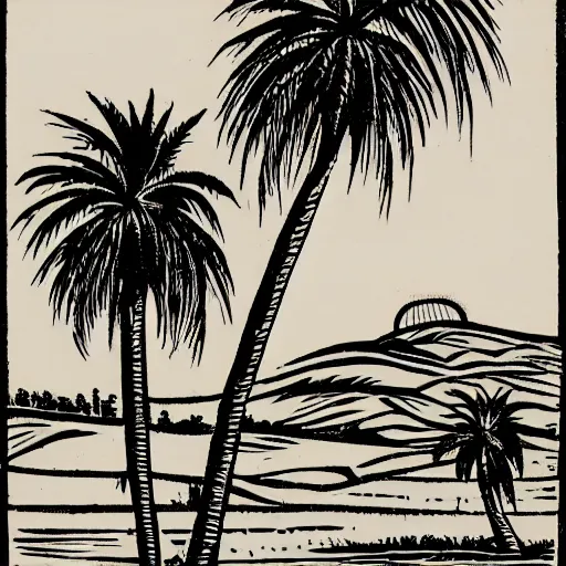 Image similar to a woodcut print of palm trees in a nuclear blast