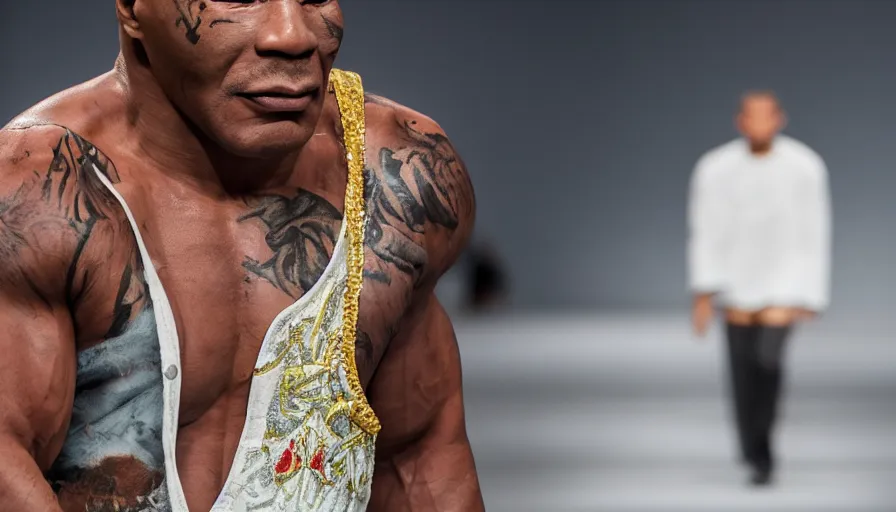 Image similar to hyperrealistic and heavy detailed 2321s runway show of mike tyson , Leica SL2 50mm, vivid color, high quality, high textured