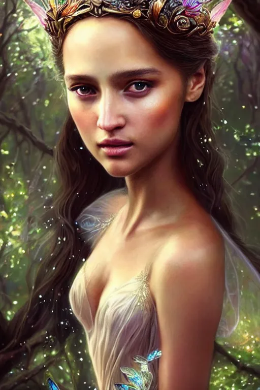 Prompt: hyper - realistic, gorgeous!!! woman resembling alicia vikander as a fairy princess in the woods, elegant, cute, divine aura, nature goddess, dungeons and dragons, intricate, highly detailed, artstation, digital painting, character design, concept art, illustration, sharp focus, art by artgerm & jeehyung lee & wlop