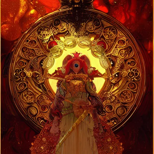 Prompt: tarot card artstation, ornate warforged 🐸 samurai, sunrise ,Baroque ornamnet and Rococo ornament , hyperdetailed, beautiful lighting, craig mullins, mucha, klimt, Yoshitaka Amano, crimson and gold color palatte.