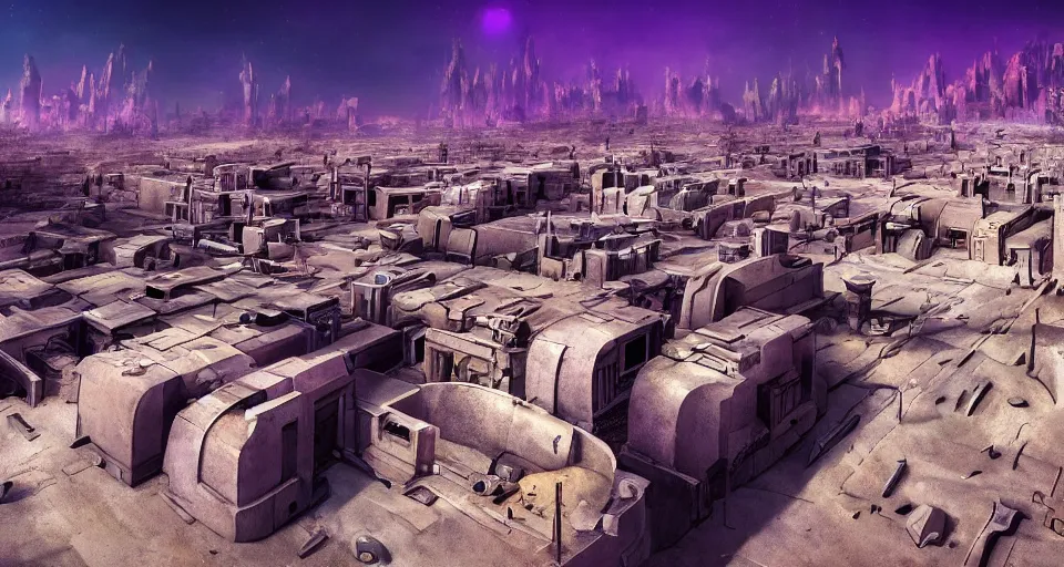 Image similar to Sci-fi landscape of an alley in a desert city, view from the top, purple color-theme, cinematic, science-fiction art wallpaper, stunning digital art