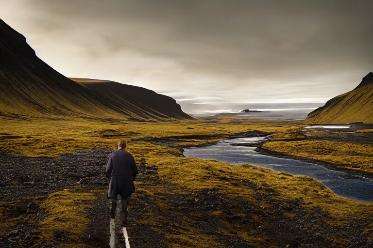 Image similar to a cinematic wide angle photograph of a traveller walking through a vast serene icelandic landscape, beautiful lighting, high depth, ultra realistic, artistic, by michal karcz and john harris