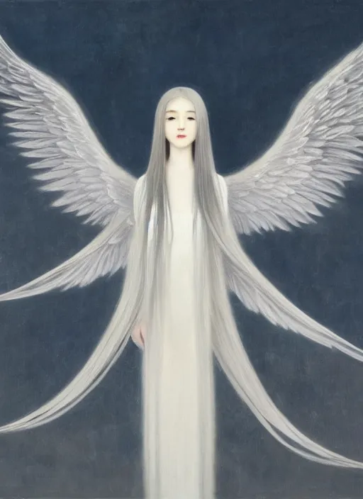 Image similar to tall thin young wan beautiful angel, silver hair so long, pale!, long silver hair, silver angel wings, wan adorable korean face, silver hair!!, style of fernand khnopff and lucien levy - dhurmer, oil on canvas, 4 k resolution, aesthetic!,