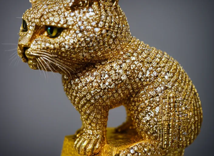 Prompt: sculpture of a diamond cat, on a golden pedestal. Highly detailed 8k. Intricate. Sony a7r iv 55mm. Award winning.