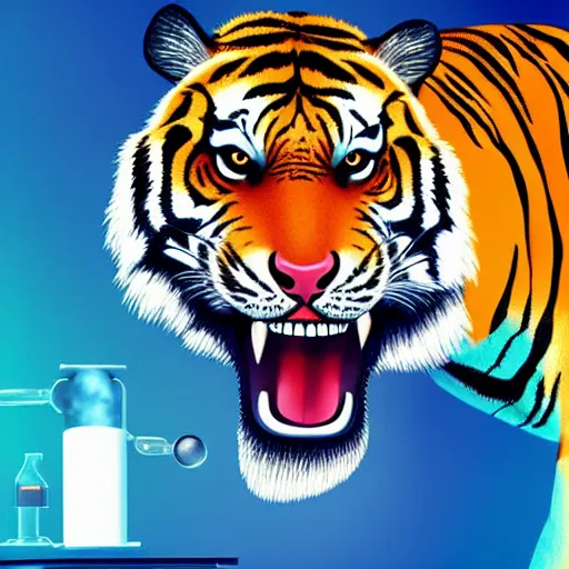 Image similar to A tiger in a lab coat with a 1980s Miami vibe, turning a well oiled science content machine, digital art