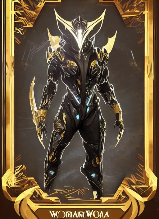 Image similar to warframe with trading card design and ornate border frame, art station, full card design