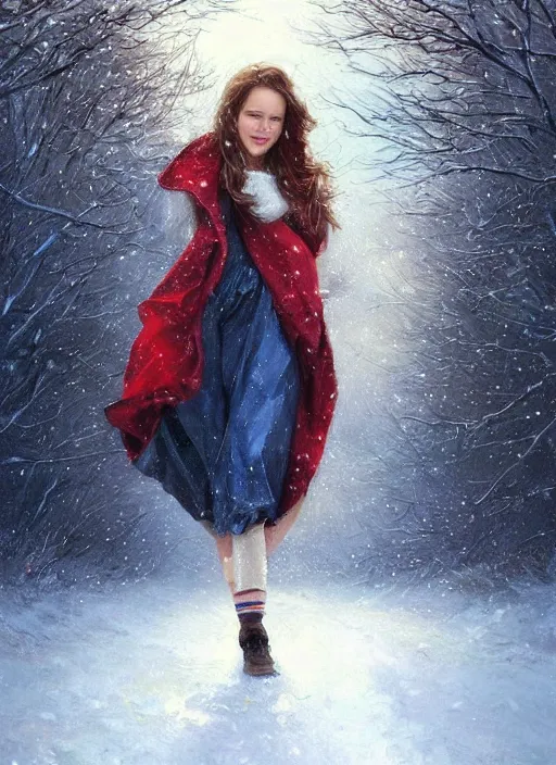 Prompt: a young woman with short wavy curly light brown hair and blue eyes wearing colorful winter clothes is running in a snowy field. beautiful painting by artgerm and greg rutkowski
