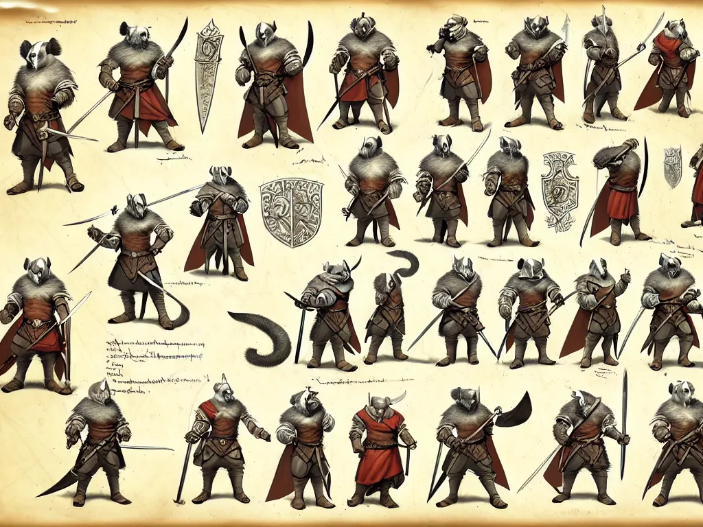 Image similar to character design sheet for a group of heroic badger knights on a parchment background, redwall, greg rutowski and jean baptiste monge, very very detailed, epic fantasy concept art