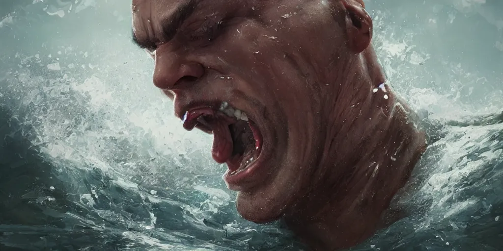 Prompt: a man desperately gasps for air mouth open as his head emerges just above the water of a raging river , Featured on Artstation, CGSociety, Behance