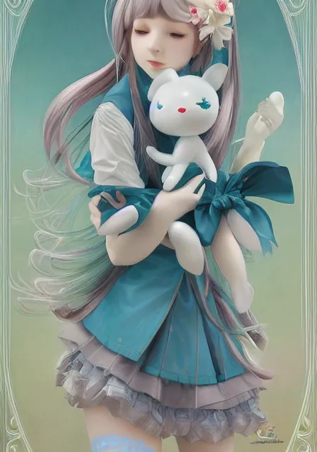 Image similar to hatsune miku with blue bunny hair, holding cinnamoroll from sanrio, intricate, elegant, highly detailed, digital painting, artstation, concept art, smooth, sharp focus, illustration, art by artgerm and greg rutkowski and alphonse mucha and william - adolphe bouguereau