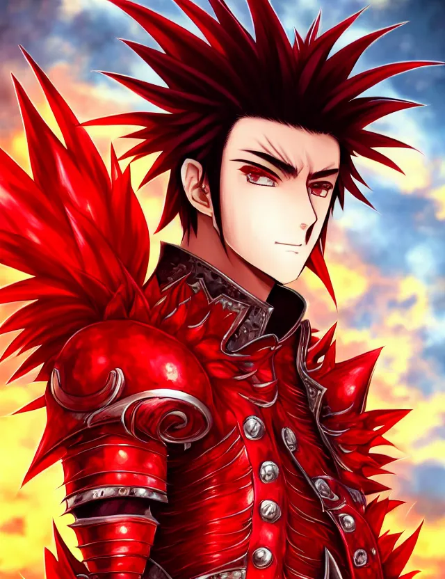 Image similar to a detailed manga portrait of a handsome tall man with spiked crimson hair in fiery crimson crystalline armour, trending on artstation, digital art, 4 k resolution, detailed, high quality, sharp focus, hq artwork, coherent, insane detail, character portrait