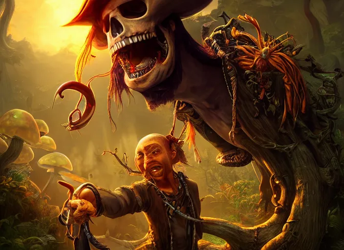 Image similar to a cool looking pirate eating magic mushroom, golden hour, fantasy, sharp focus, digital art, hyper realistic, 4 k, unreal engine, highly detailed, hd, dramatic lighting by brom, trending on artstation