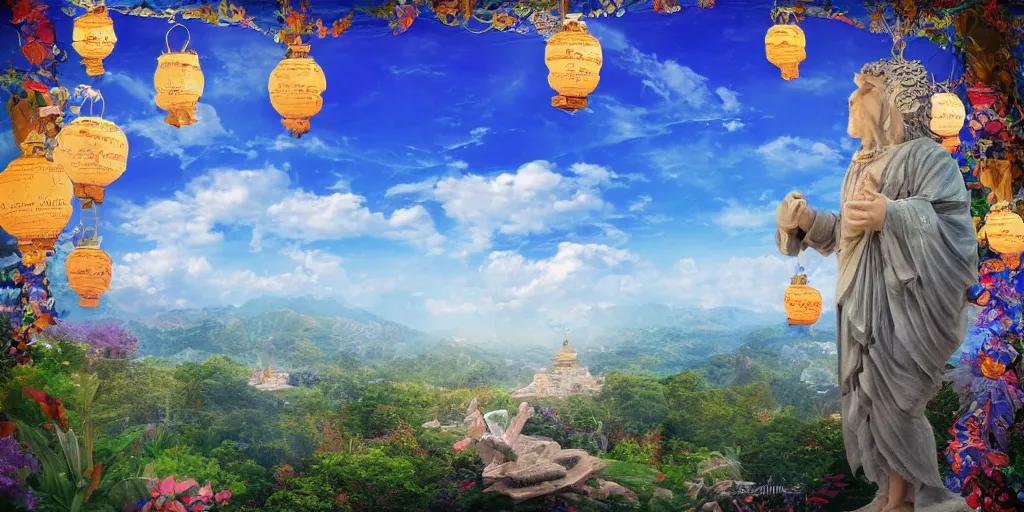 Image similar to wind god enjoying the view from his stone heavenly palace, decorated with windchimes and paper lanterns, nature, clouds and other palaces in background, digital art