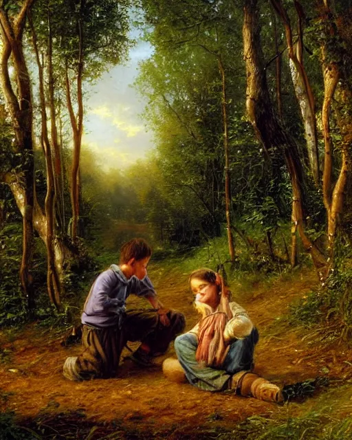 Image similar to an oil painting of a young, poor peasant brother and sister in the forest, by thomas kincade, ivan shiskin, and james gurney